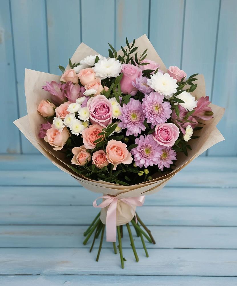 Букет цветов из: Хризантемы, Розы и Альстромерии в Новая Мельница