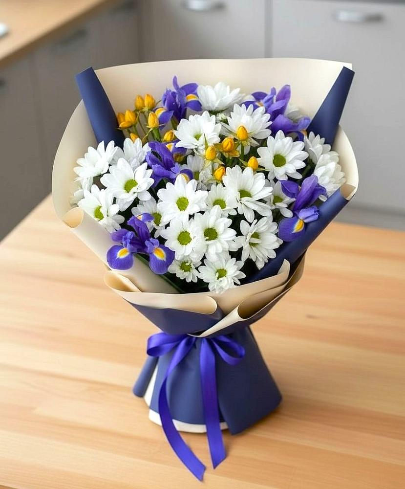 Букет цветов из: Розы, Ирисы и Хризантемы в Новая Мельница