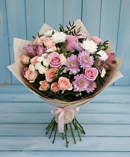 Букет цветов из:  Хризантемы, Розы и Альстромерии в Новая Мельница