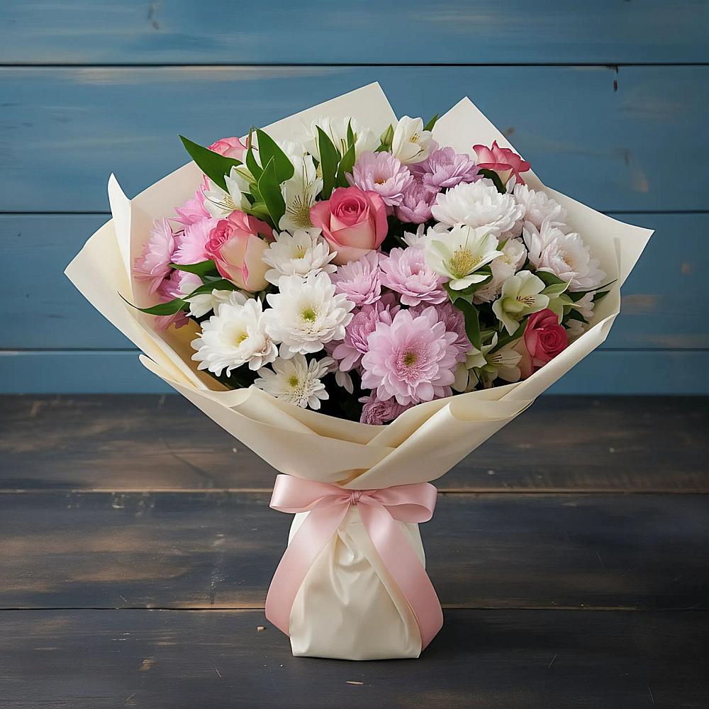 Букет цветов из: Хризантемы, Альстромерии и Розы в Новая Мельница